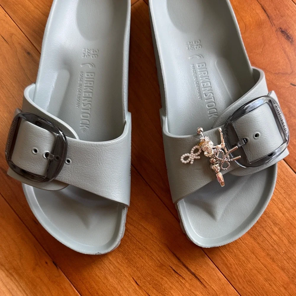 Birkenstock Mint Green Single-Strap EVA Slide Sandals with Charm - Picture 2 of 5